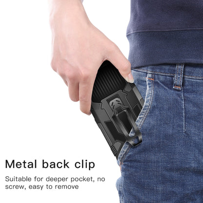Black rugged protective phone case with textured back grips and metal clip