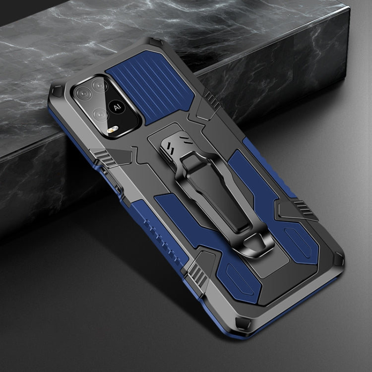 Shockproof armor phone case with PC+TPU protection, sapphire blue and black, raised buttons