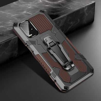 Shockproof phone case with rugged armor design, brown and dark grey accents