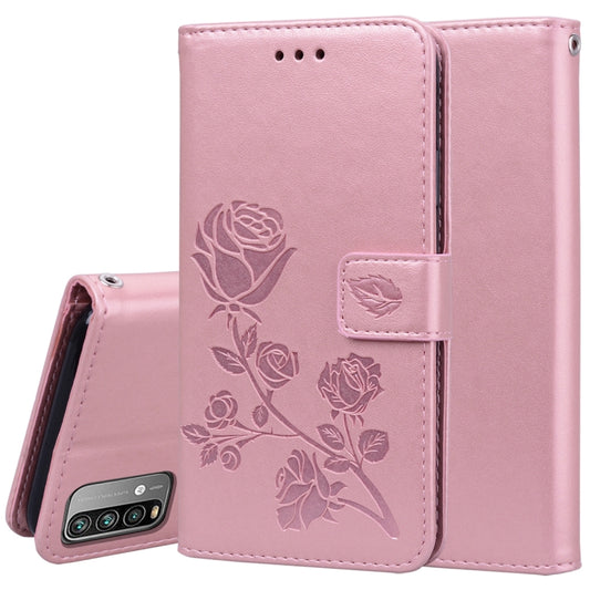 Rose-embossed PU leather flip phone case with card holder and slots, rose gold color