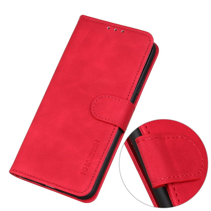 Red leather flip phone case with rounded folio flap and stitched closure