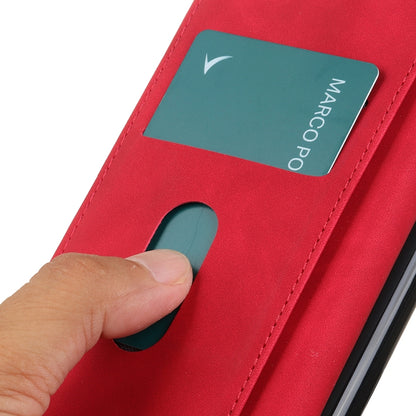 Red leather phone wallet case with card slot and finger pushing card