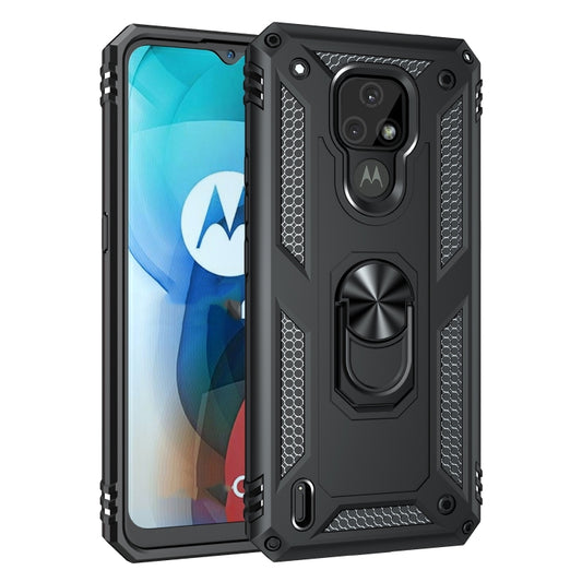 Shockproof rugged phone case with raised screen and camera guards; black, with rotating ring kickstand