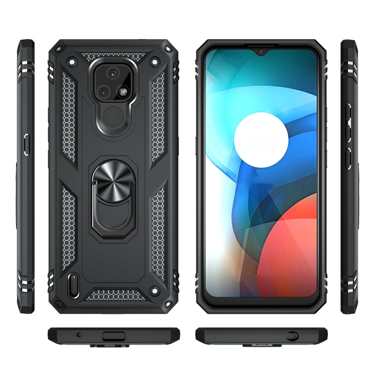Rugged shockproof phone case set: front, back, and side views; black with rotating ring kickstand