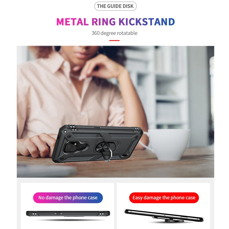 Rugged black phone case with metal ring kickstand, showing protective edges and camera cutout