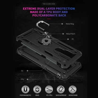Dual-layer shockproof phone case with rotating metal ring kickstand; rugged dark gray design