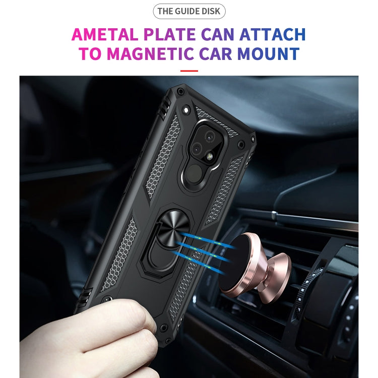 Rugged shockproof phone case with rotating metal ring; black case held near a car mount