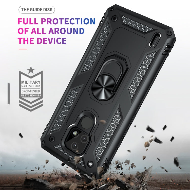 Shockproof rugged phone case with rotating ring kickstand; black with port cutouts and camera cover