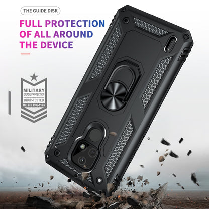 Shockproof rugged phone case with rotating ring kickstand; black with port cutouts and camera cover