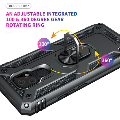 Rugged phone case featuring an adjustable rotating ring kickstand and textured grip panels