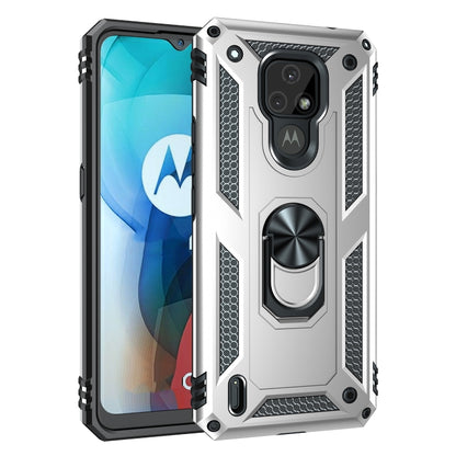 Shockproof rugged phone case with rotating ring kickstand; light silver color with camera guards