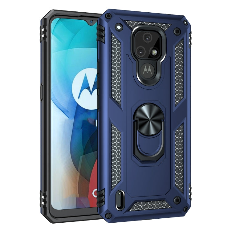 Shockproof rugged phone case with rotating ring kickstand; blue color with textured side grips