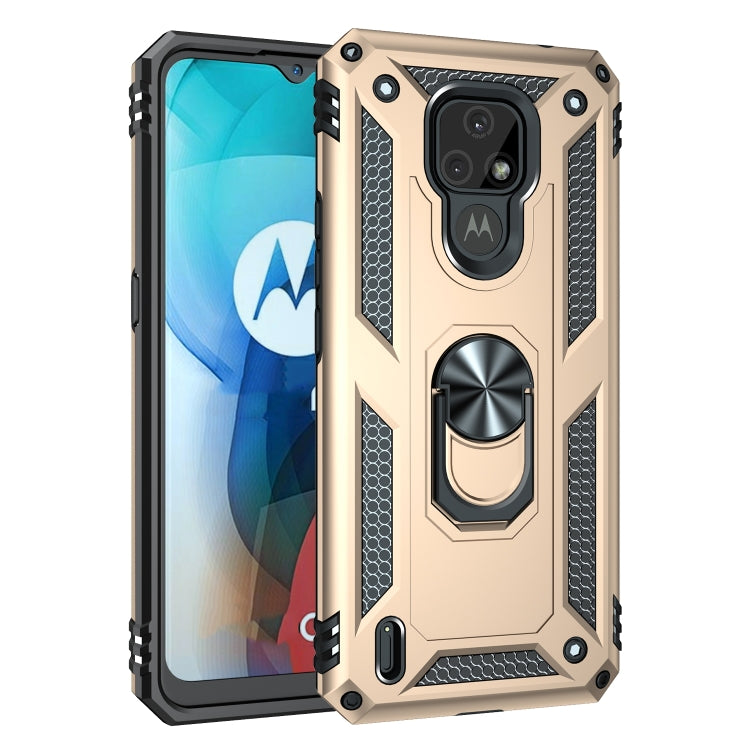 Shockproof rugged phone case with rotating ring kickstand; gold/beige color with camera and port openings
