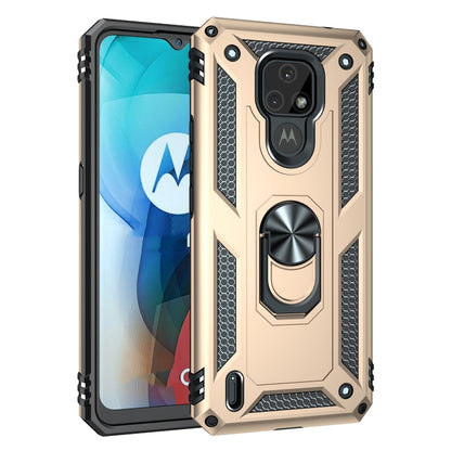 Shockproof rugged phone case with rotating ring kickstand; gold/beige color with camera and port openings