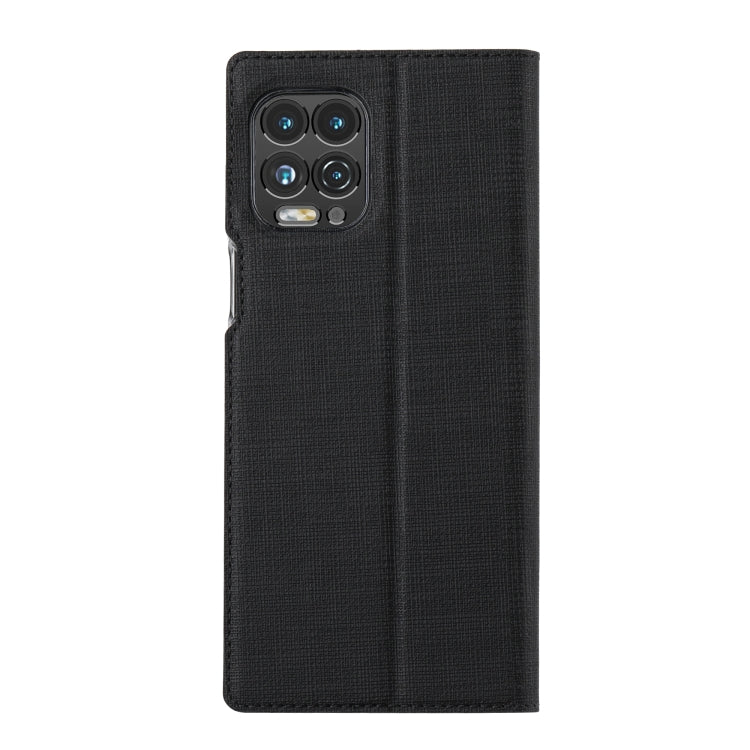 Black magnetic flip phone case with camera cutout and textured PU front