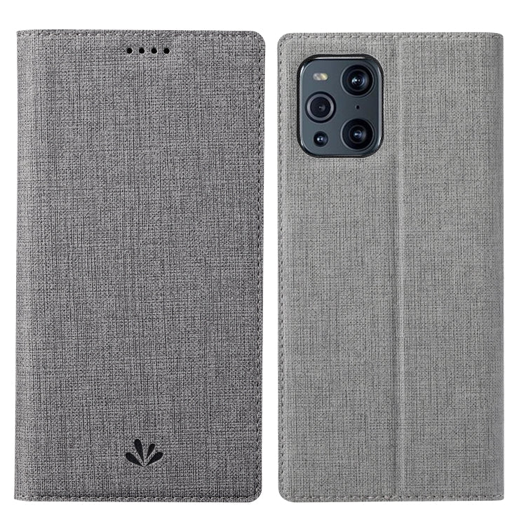 Light gray magnetic flip phone case with textured fabric and camera cutout