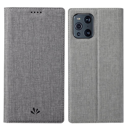 Light gray magnetic flip phone case with textured fabric and camera cutout
