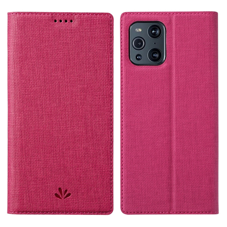Rose red magnetic flip phone case with textured fabric and camera cutout