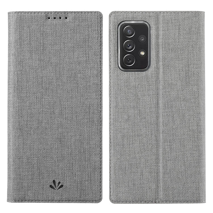 Magnetic flip phone case in pale gray with camera cutout and top speaker holes.