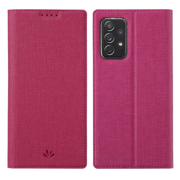 Magnetic flip phone case in rose red with camera cutout and top speaker holes.