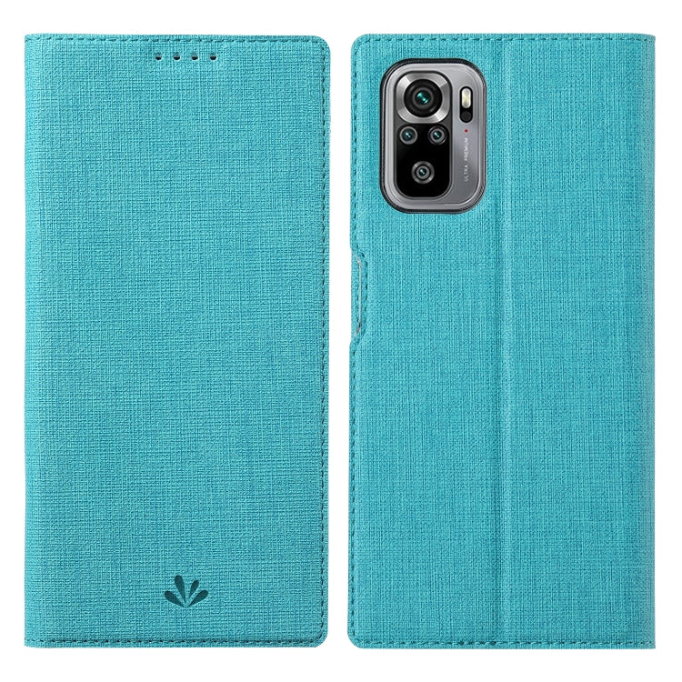 Magnetic flip phone case in blue, textured fabric, with camera and speaker cutouts