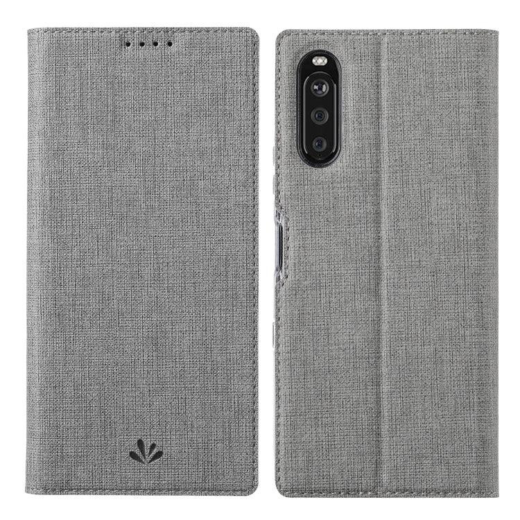 Magnetic flip phone case in grey, textured fabric, with camera and speaker cutouts