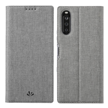 Magnetic flip phone case in grey, textured fabric, with camera and speaker cutouts