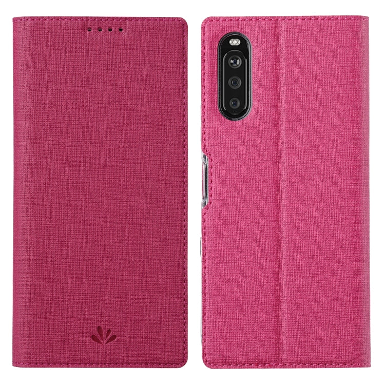 Magnetic flip phone case in rose red, textured fabric, with camera and speaker cutouts