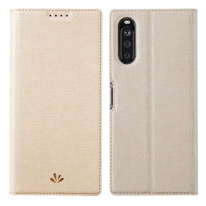 Magnetic flip phone case in gold, textured fabric, with camera and speaker cutouts