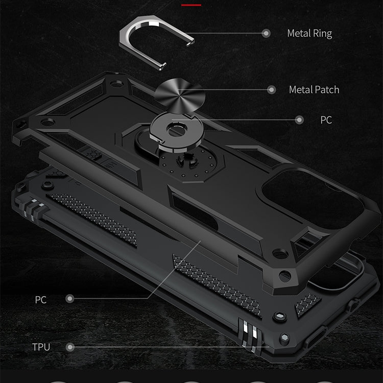 Black rugged phone case with metal ring stand and TPU/PC layered design
