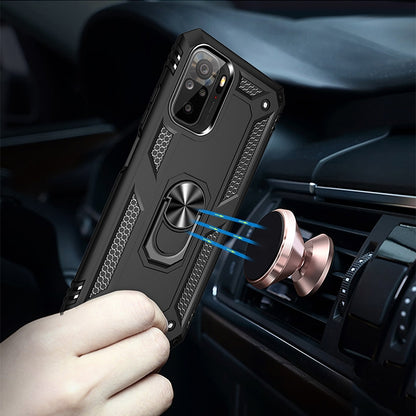 Black rugged phone case with metal ring stand mounted in car vent holder