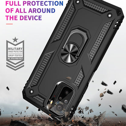 Black rugged phone case with metal ring stand and reinforced corner protection