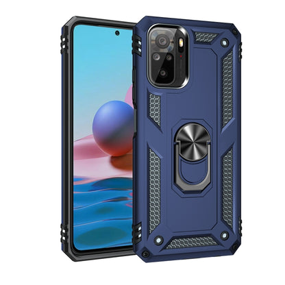 Blue rugged phone case with built-in metal ring stand for 360° rotation