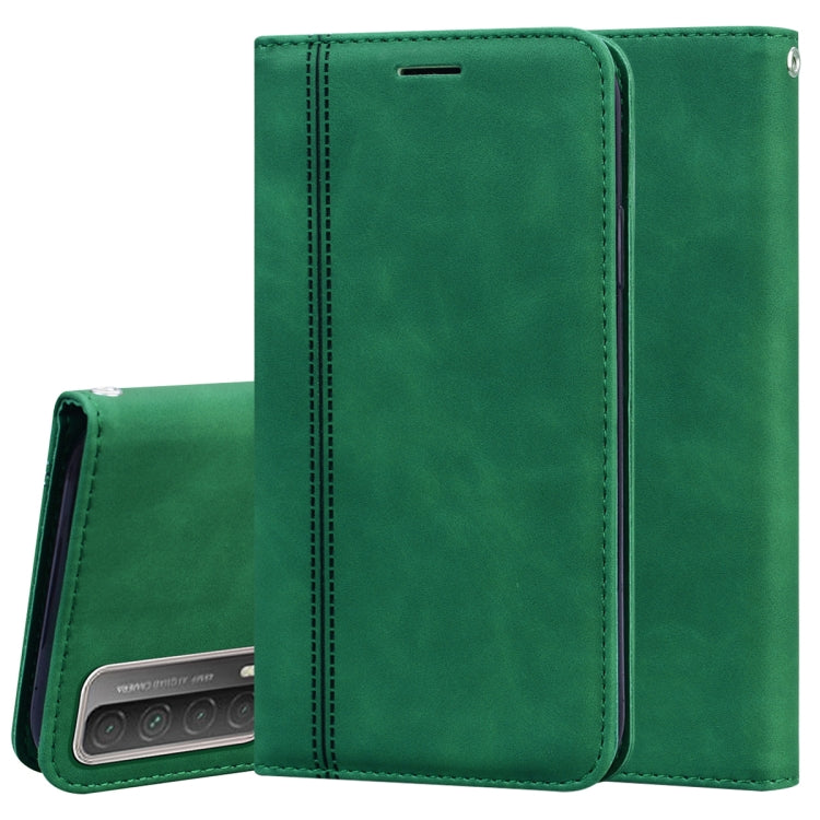 Magnetic PU leather flip phone case, green, with card slot and holder window