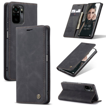 Dark gray leather flip phone case with card holder, side cutouts, and stitched edges