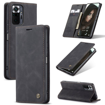 Black leather flip phone case with card holder, side cutouts, and stitched edges