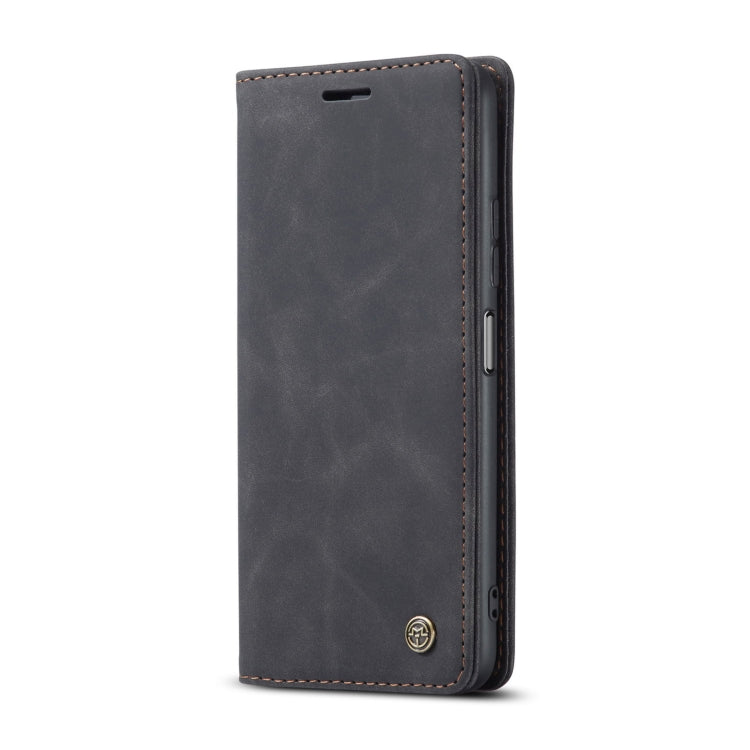 Black leather flip phone case with front opening and side button cutouts