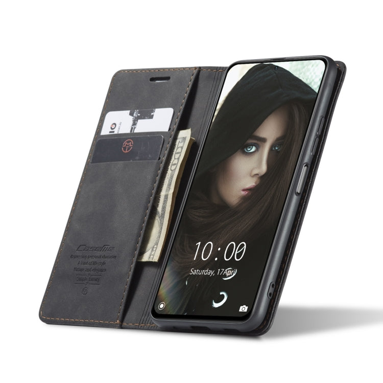 Black leather flip wallet case open, showing card holder and stand position