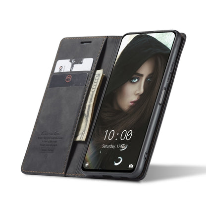 Black leather flip wallet case open, showing card holder and stand position