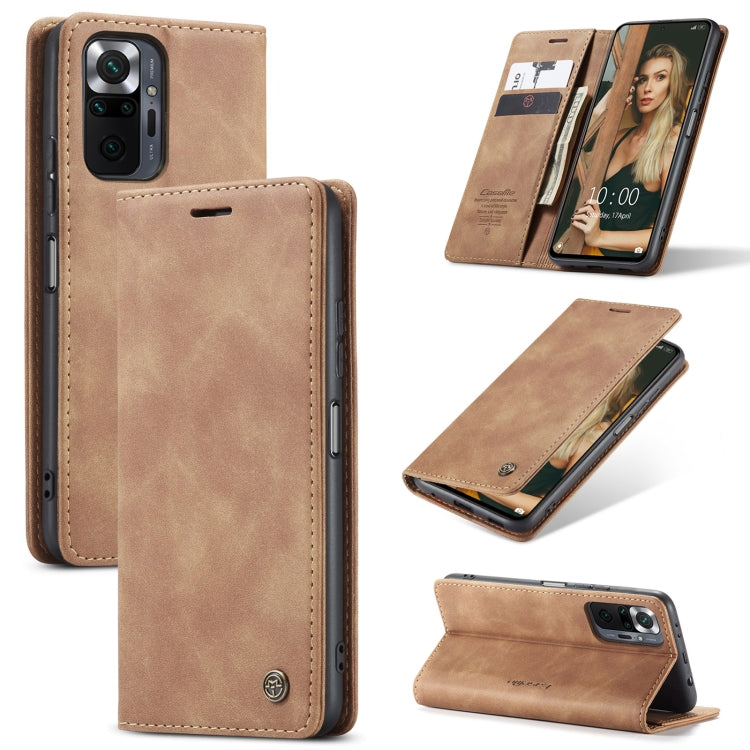 Brown leather flip wallet case open with card slot panel and phone screen visible
