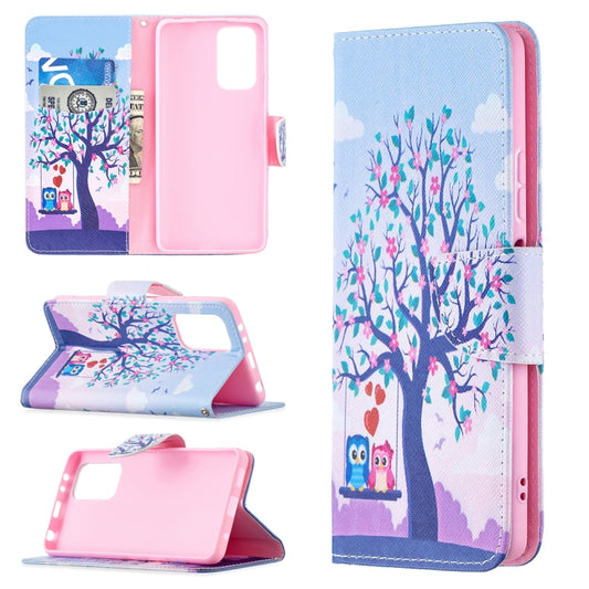 Leather flip phone case with tree and owl print, card slots, pink holder