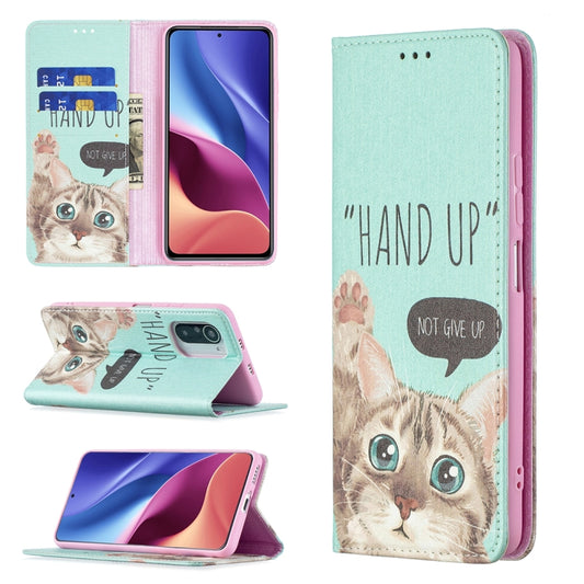Mint PU flip phone case with cat drawing, magnetic closure, and card slot openings