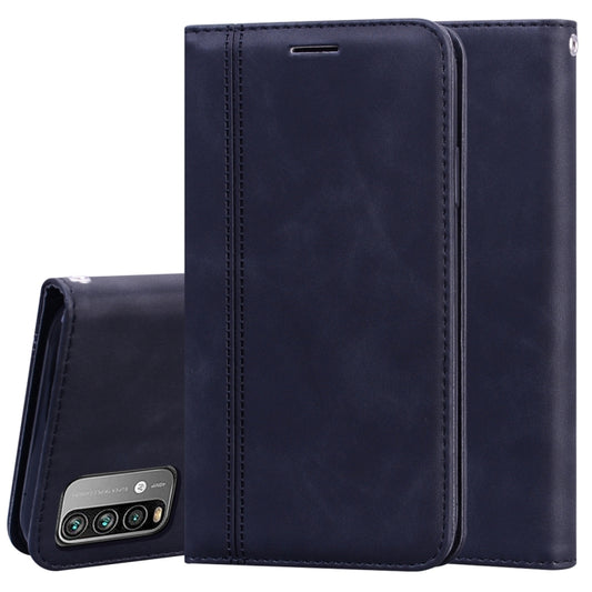 Dark blue PU leather magnetic flip phone case with card-style cutout and side camera cover