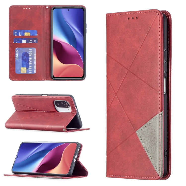 Red leather flip phone case with rhombus texture, card slots, and magnetic closure