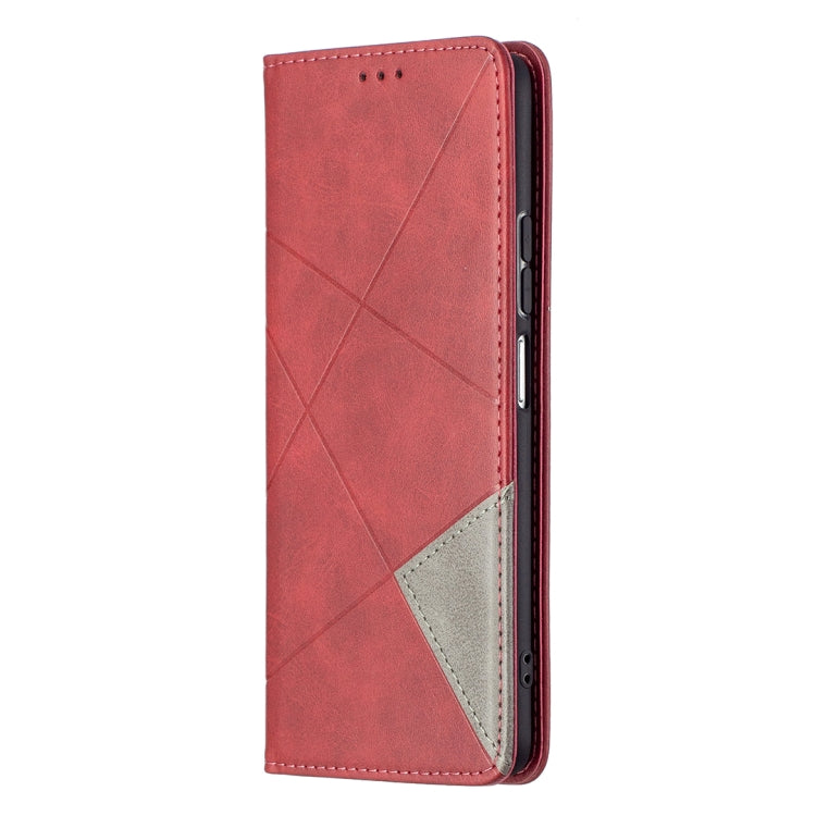 Red leather flip phone case with rhombus texture and card holder, side view