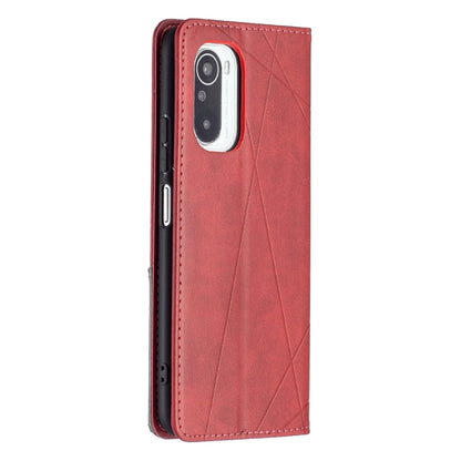 Red leather flip phone case with rhombus texture, camera cutout, and stitched edges