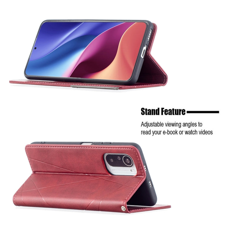 Red leather wallet flip phone case with stand feature, rhombus texture, camera cutout