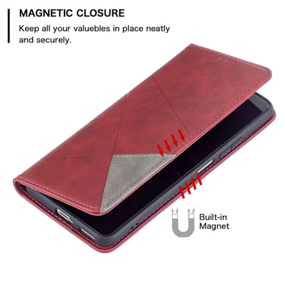 Red leather flip phone case with magnetic closure and built-in magnet, rhombus texture