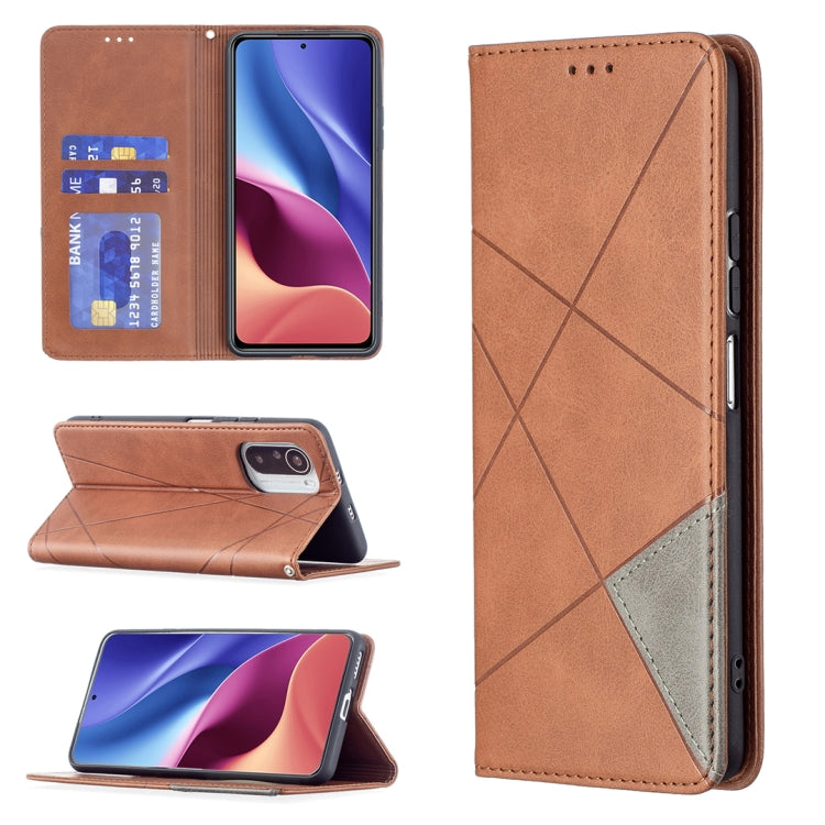 Brown leather flip phone case with rhombus texture, card slots, and magnetic closure