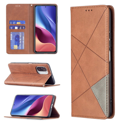 Brown leather flip phone case with rhombus texture, card slots, and magnetic closure